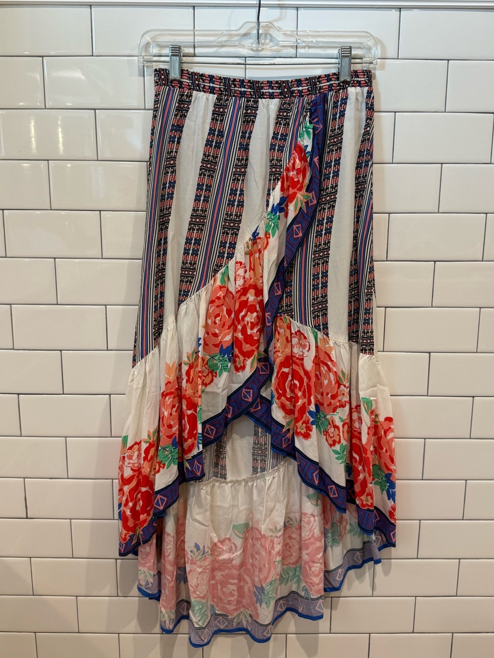 Flying Tomato Floral High-Low Skirt - Red, Blue & Cream